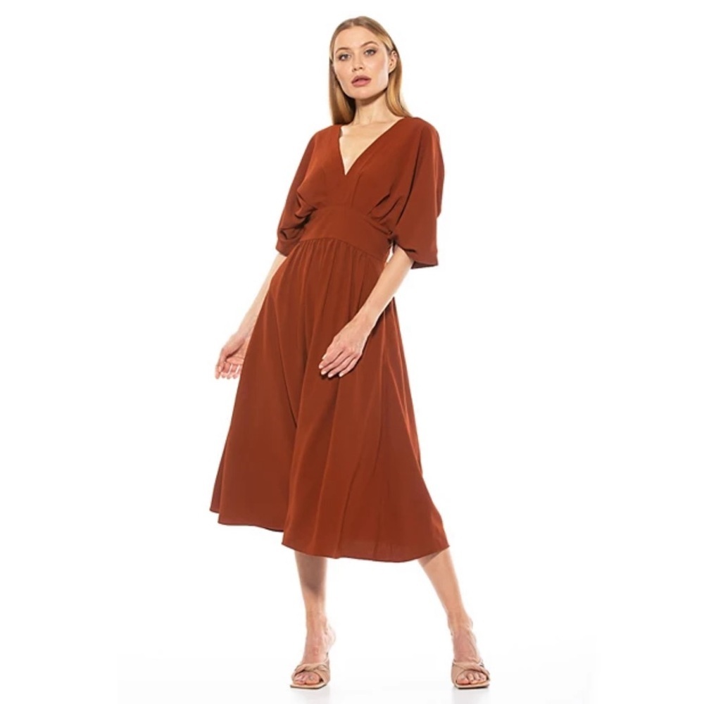 NEW Alexia Admor Rust Brown Fit & Flare V Neck High Waist Midi Dress Size 12
